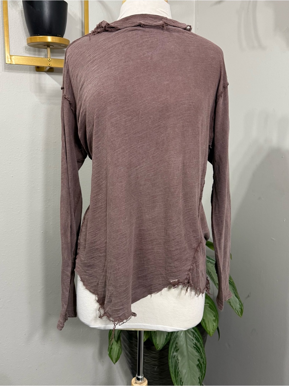 Free People We The Free Distressed Long Sleeve Top Brown/plum Raw Seam Oversized